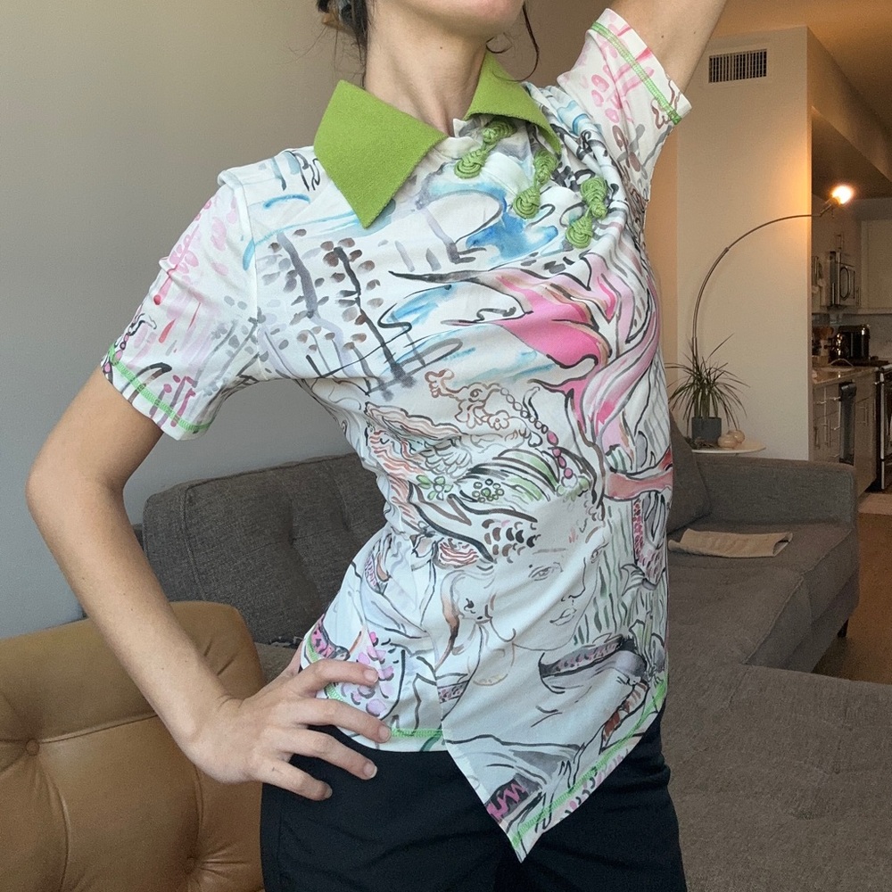 Mukzin Watercolor Print Asymmetrical Polo Tshirt with Knots